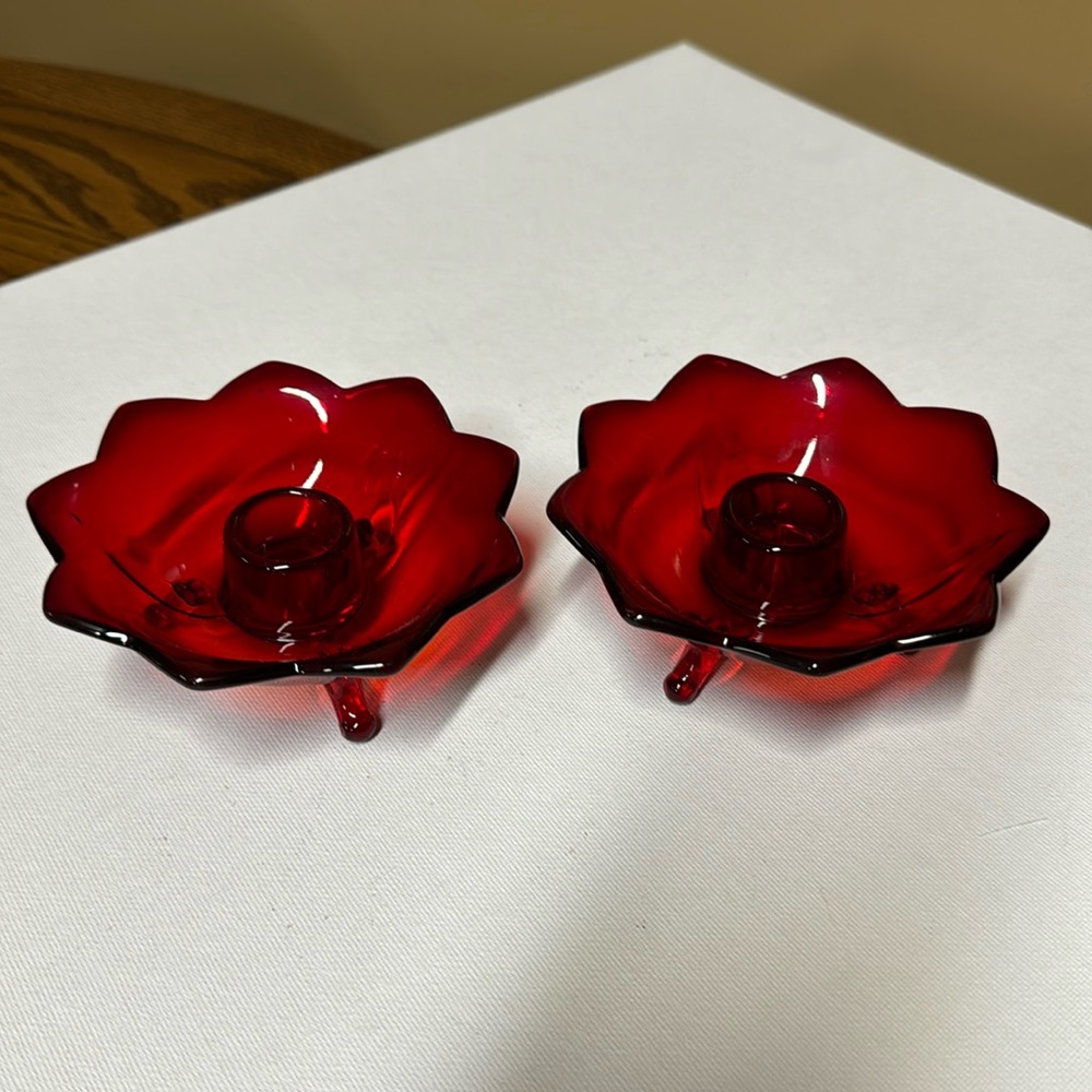 Fenton Ruby Red Amberina Lotus Flower Three Footed Candle Holder Pair